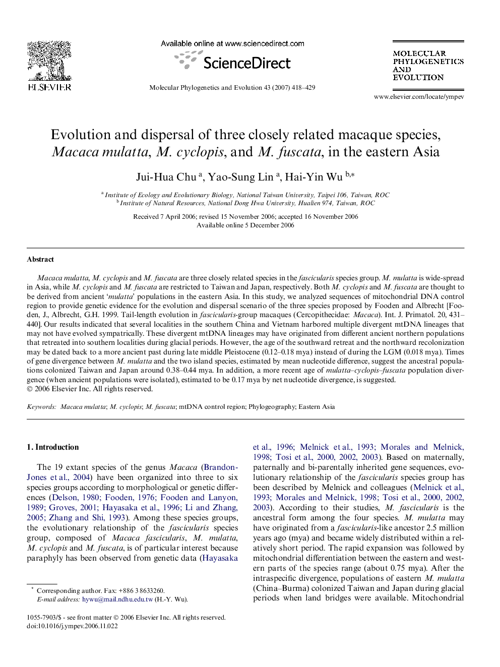 Evolution and dispersal of three closely related macaque species, Macaca mulatta, M. cyclopis, and M. fuscata, in the eastern Asia