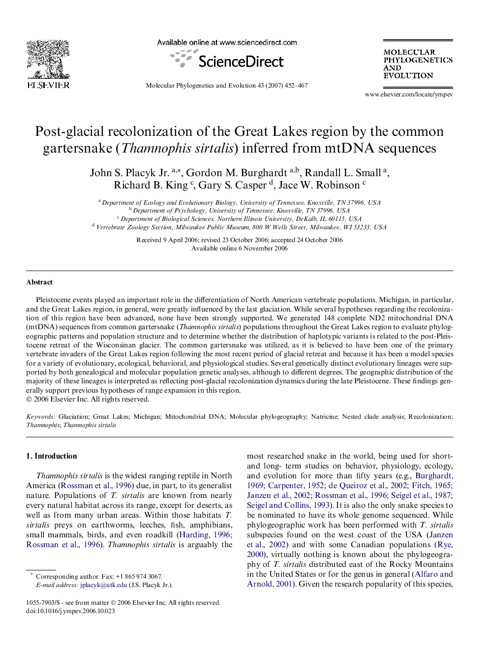 Post-glacial recolonization of the Great Lakes region by the common gartersnake (Thamnophis sirtalis) inferred from mtDNA sequences