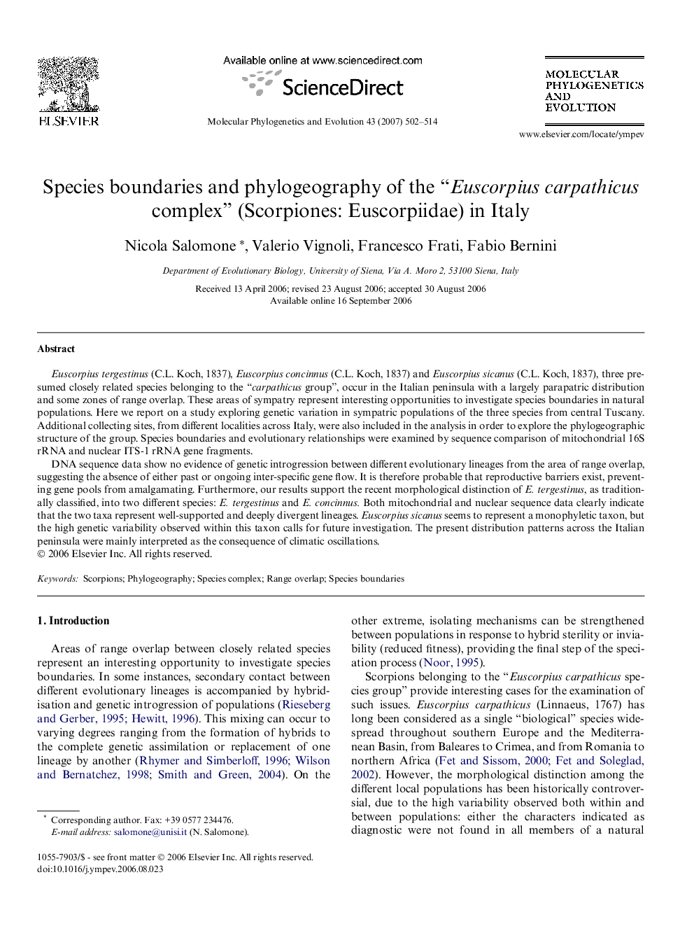 Species boundaries and phylogeography of the “Euscorpius carpathicus complex” (Scorpiones: Euscorpiidae) in Italy