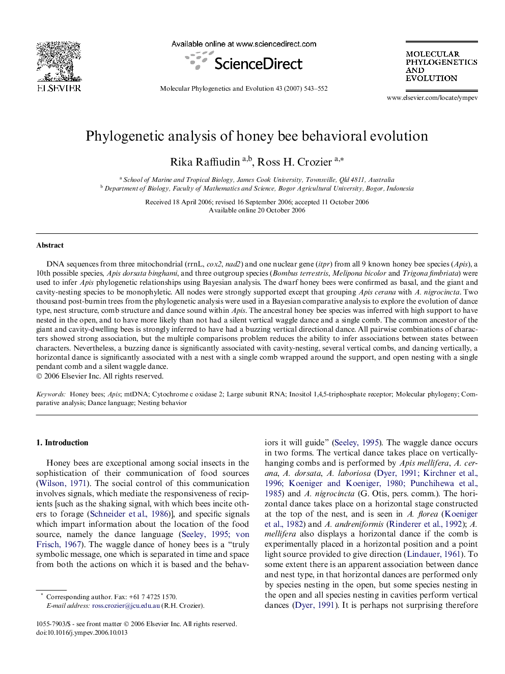 Phylogenetic analysis of honey bee behavioral evolution