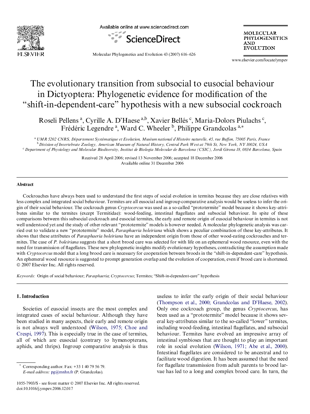 The evolutionary transition from subsocial to eusocial behaviour in Dictyoptera: Phylogenetic evidence for modification of the “shift-in-dependent-care” hypothesis with a new subsocial cockroach