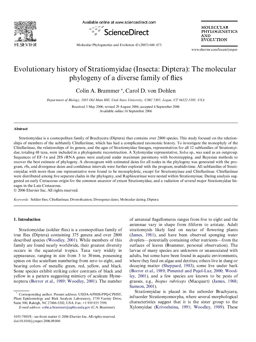 Evolutionary history of Stratiomyidae (Insecta: Diptera): The molecular phylogeny of a diverse family of flies