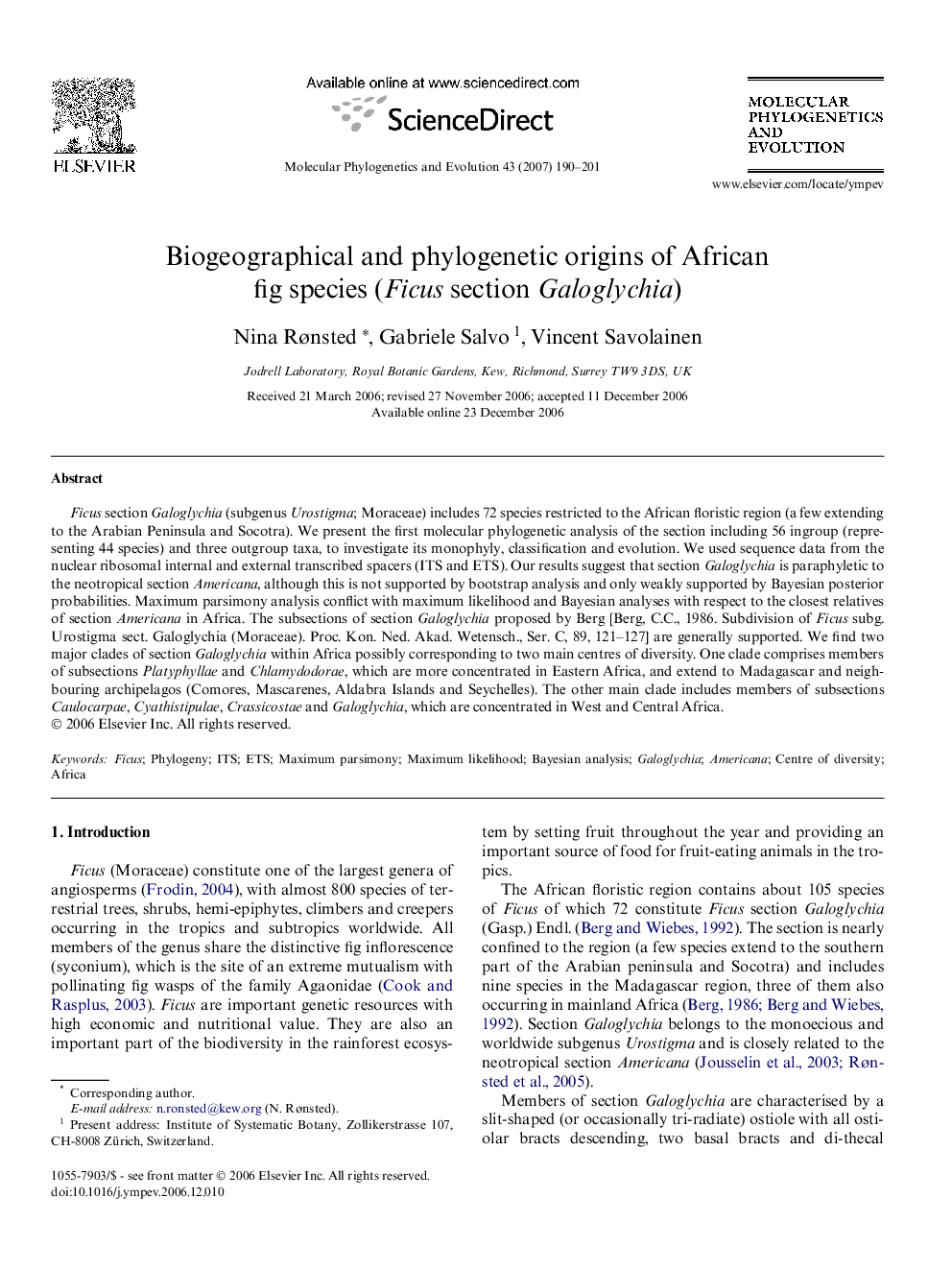 Biogeographical and phylogenetic origins of African fig species (Ficus section Galoglychia)