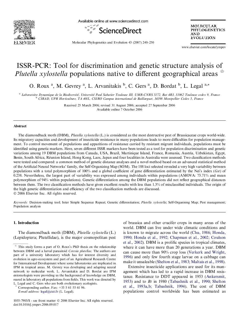 ISSR-PCR: Tool for discrimination and genetic structure analysis of Plutella xylostella populations native to different geographical areas 