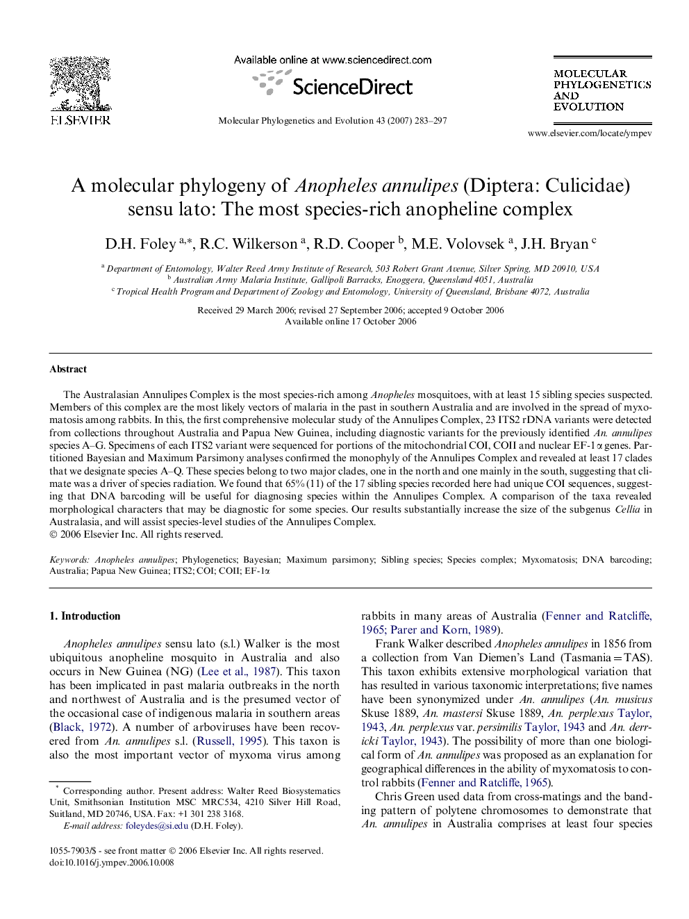 A molecular phylogeny of Anopheles annulipes (Diptera: Culicidae) sensu lato: The most species-rich anopheline complex