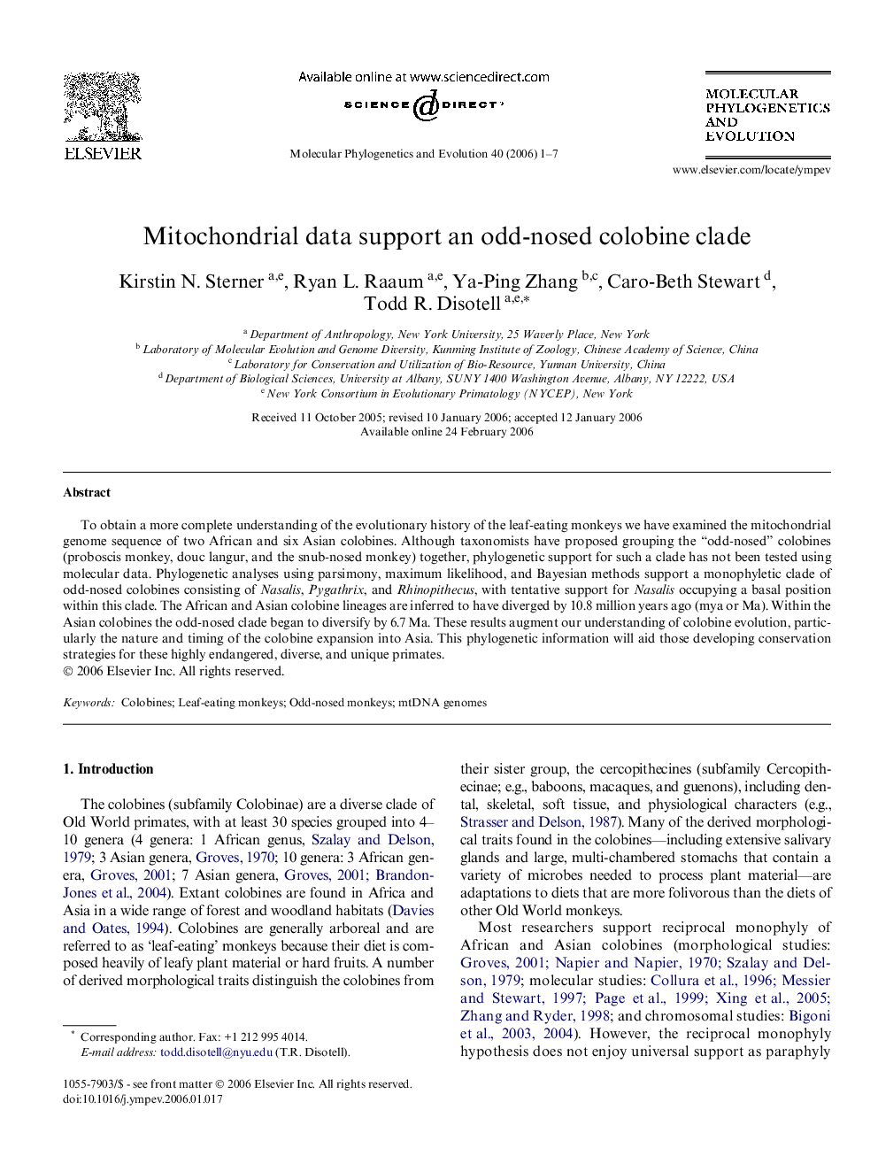 Mitochondrial data support an odd-nosed colobine clade