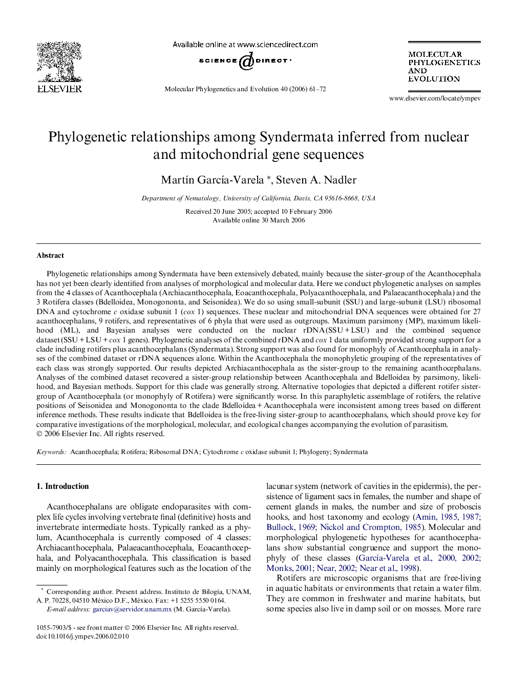 Phylogenetic relationships among Syndermata inferred from nuclear and mitochondrial gene sequences