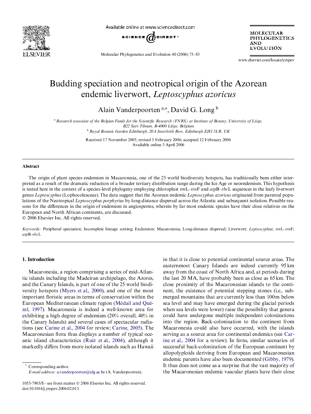 Budding speciation and neotropical origin of the Azorean endemic liverwort, Leptoscyphus azoricus