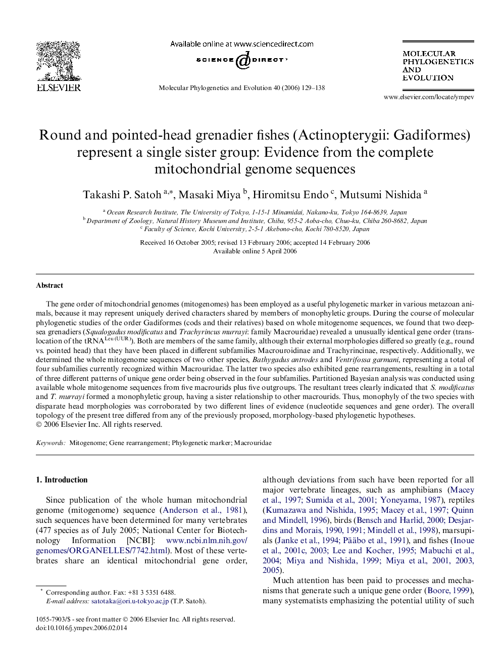 Round and pointed-head grenadier fishes (Actinopterygii: Gadiformes) represent a single sister group: Evidence from the complete mitochondrial genome sequences