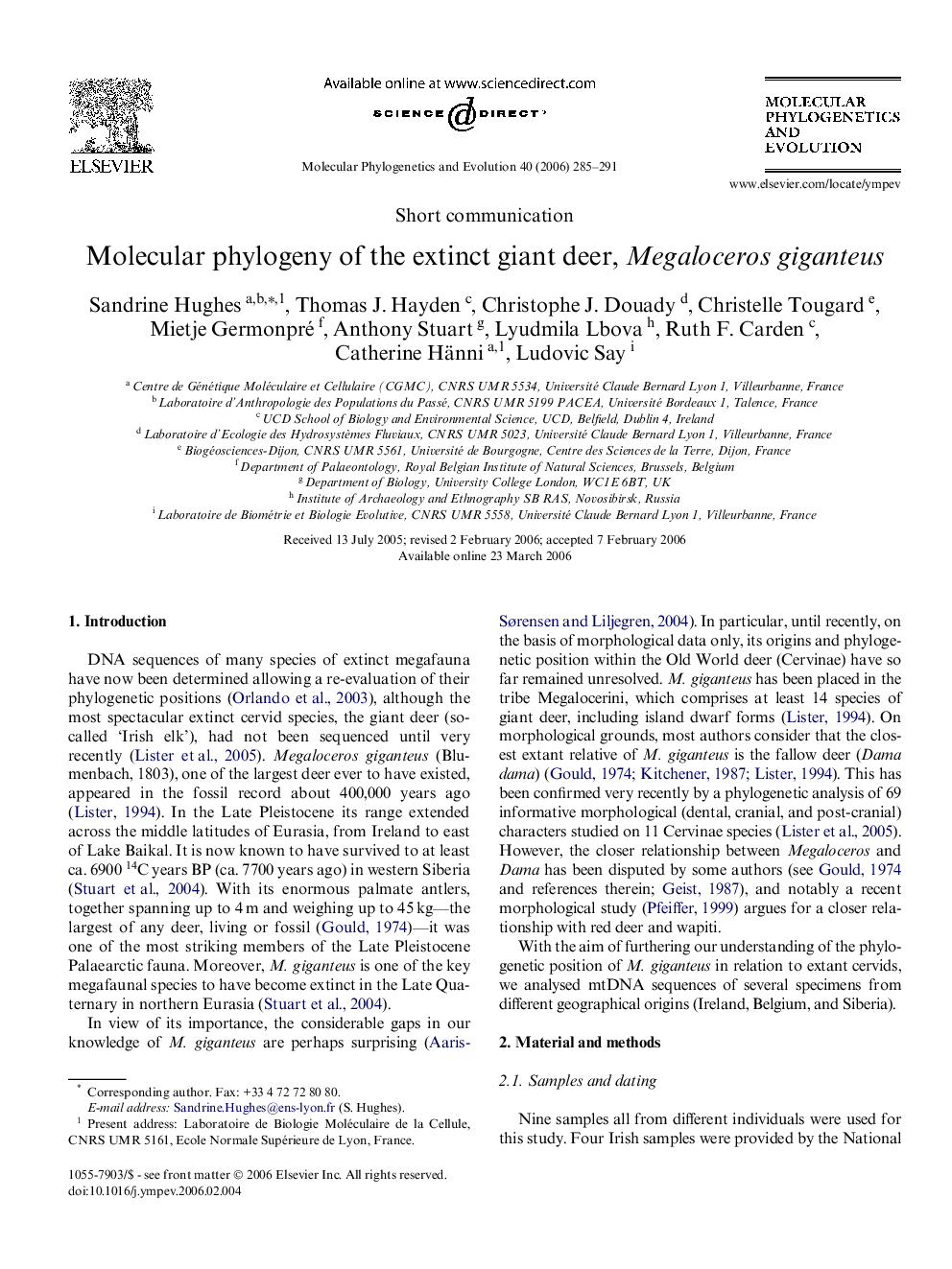 Molecular phylogeny of the extinct giant deer, Megaloceros giganteus