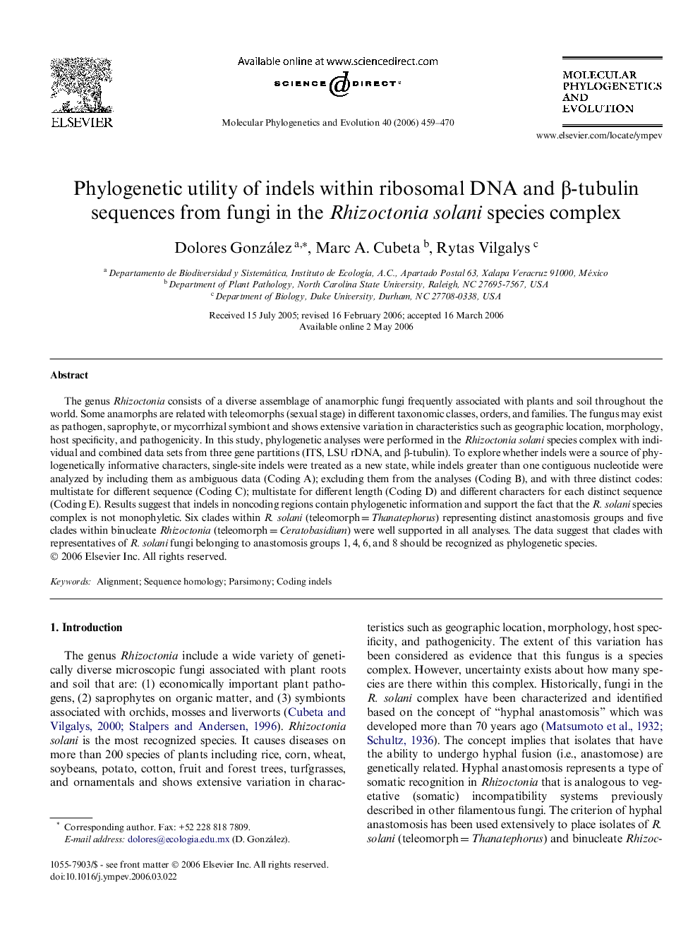 Phylogenetic utility of indels within ribosomal DNA and β-tubulin sequences from fungi in the Rhizoctonia solani species complex