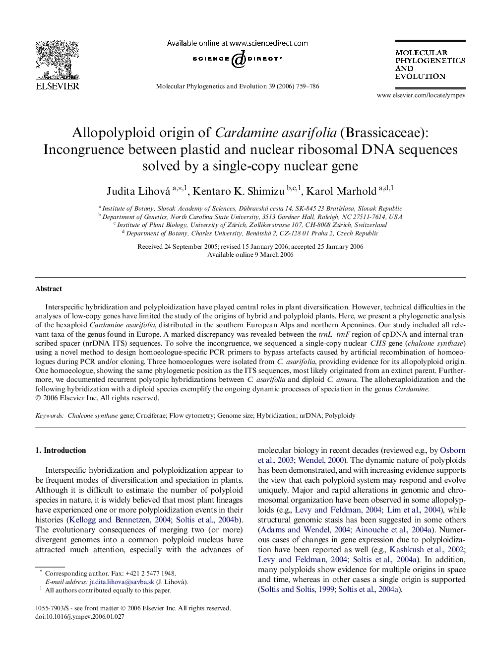 Allopolyploid origin of Cardamine asarifolia (Brassicaceae): Incongruence between plastid and nuclear ribosomal DNA sequences solved by a single-copy nuclear gene