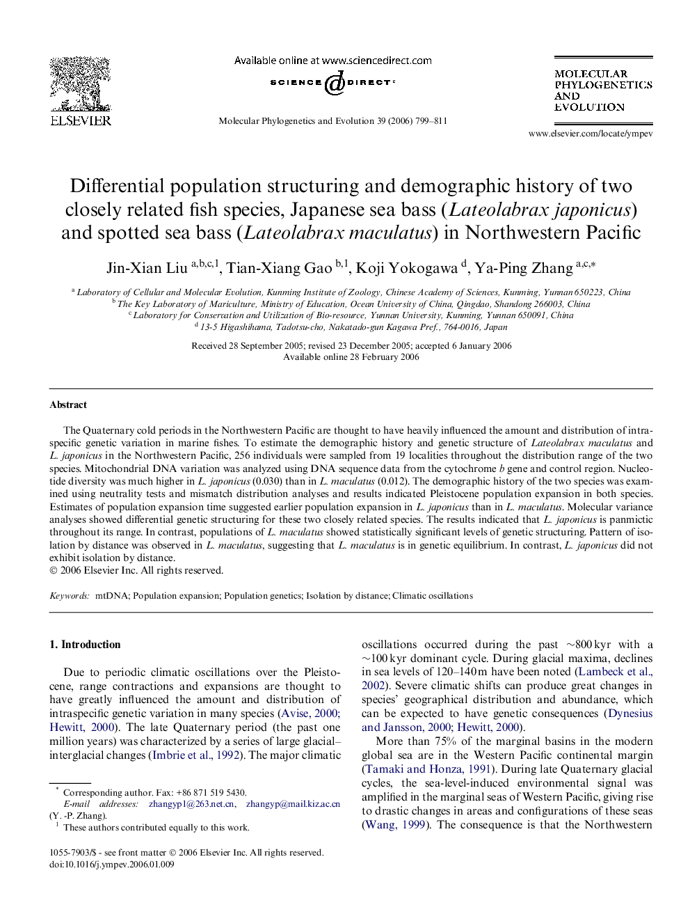 Differential population structuring and demographic history of two closely related fish species, Japanese sea bass (Lateolabrax japonicus) and spotted sea bass (Lateolabrax maculatus) in Northwestern Pacific