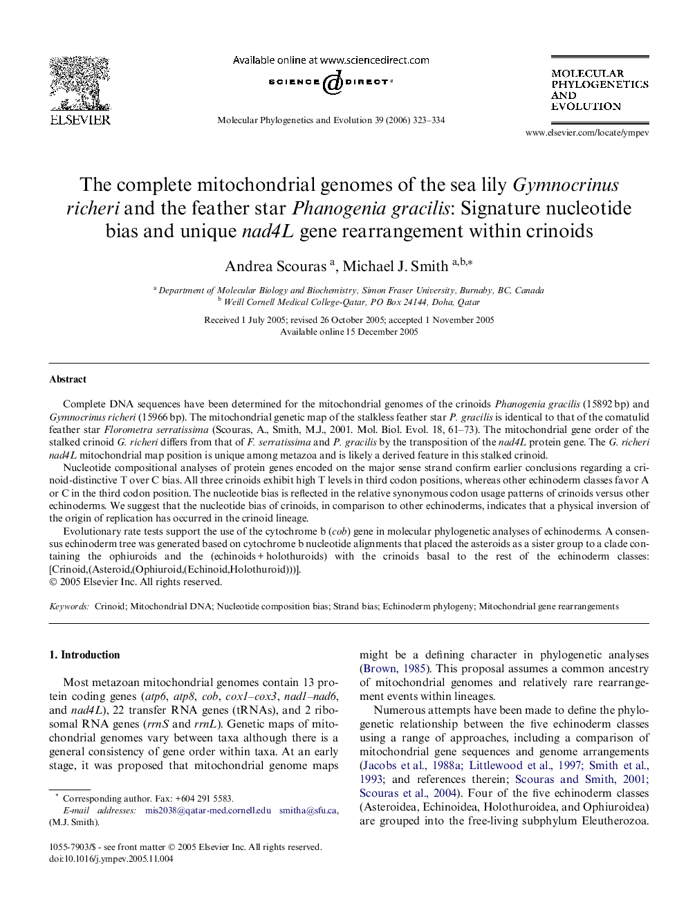 The complete mitochondrial genomes of the sea lily Gymnocrinus richeri and the feather star Phanogenia gracilis: Signature nucleotide bias and unique nad4L gene rearrangement within crinoids