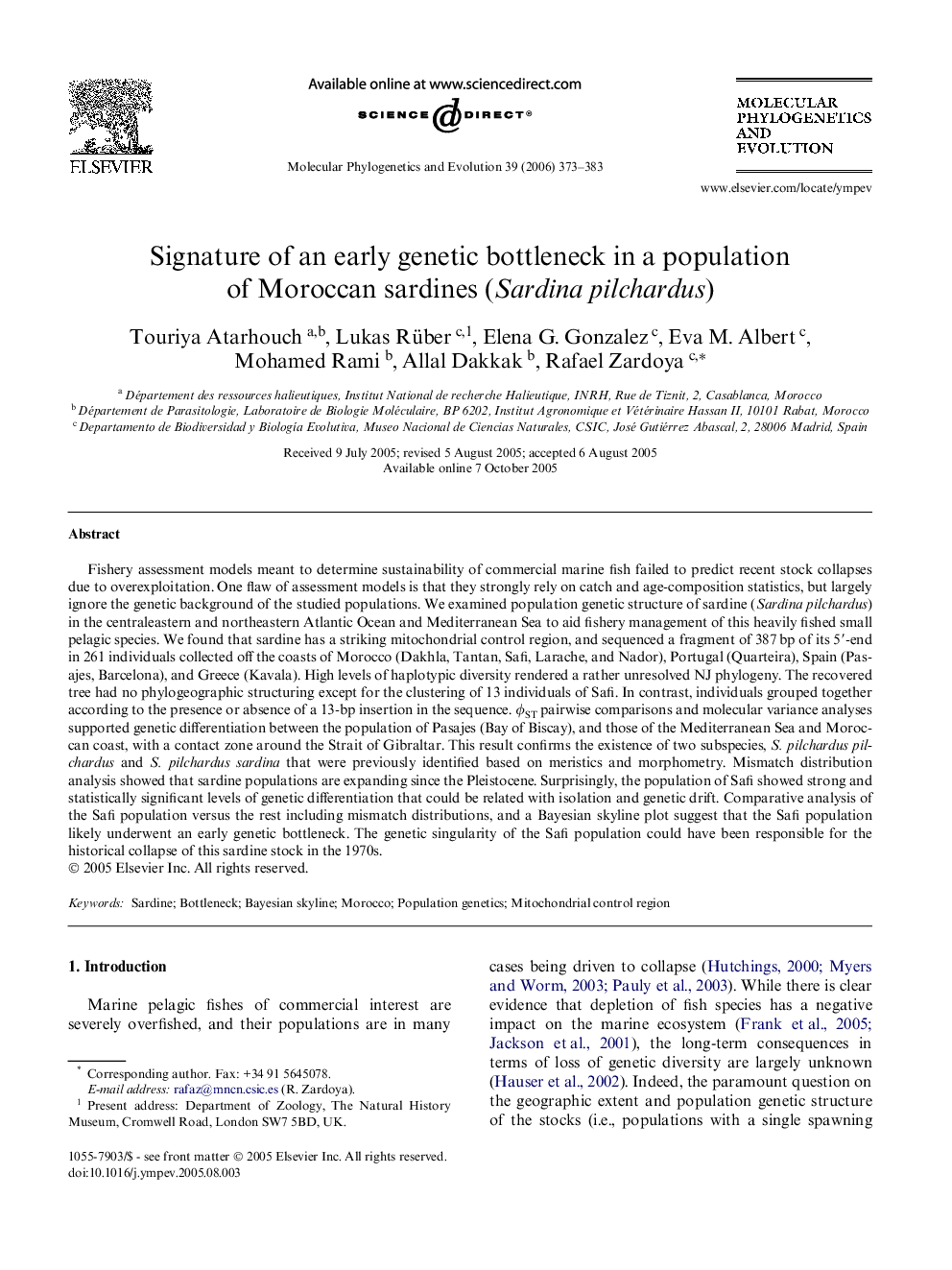 Signature of an early genetic bottleneck in a population of Moroccan sardines (Sardina pilchardus)