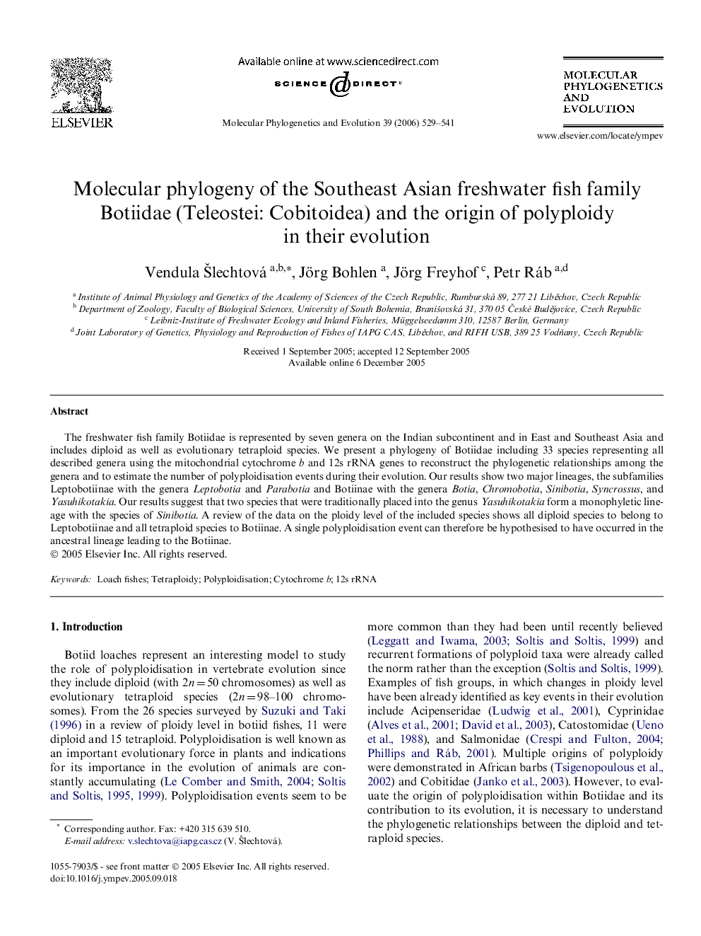 Molecular phylogeny of the Southeast Asian freshwater fish family Botiidae (Teleostei: Cobitoidea) and the origin of polyploidy in their evolution