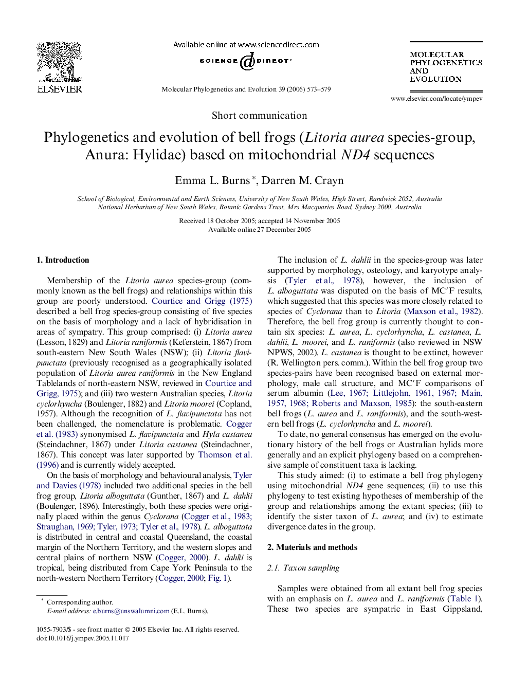 Phylogenetics and evolution of bell frogs (Litoria aurea species-group, Anura: Hylidae) based on mitochondrial ND4 sequences