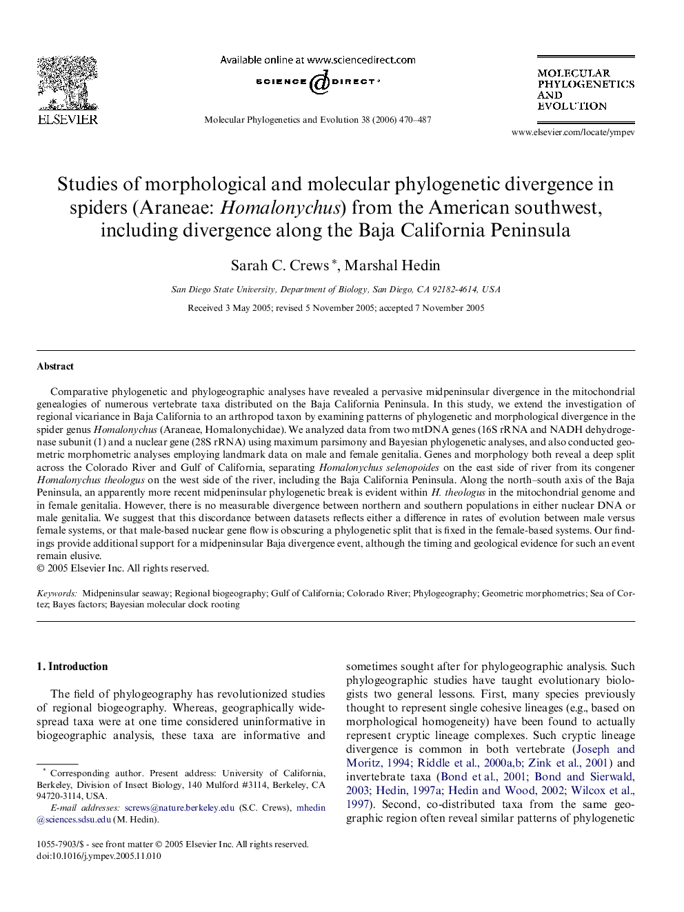 Studies of morphological and molecular phylogenetic divergence in spiders (Araneae: Homalonychus) from the American southwest, including divergence along the Baja California Peninsula