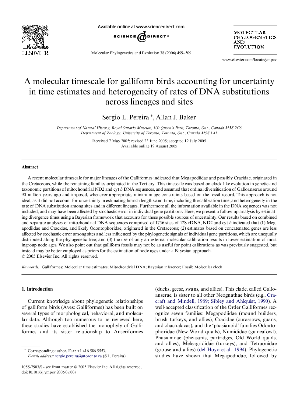 عکس صفحه اول مقاله: A molecular timescale for galliform birds accounting for uncertainty in time estimates and heterogeneity of rates of DNA substitutions across lineages and sites A molecular timescale for galliform birds accounting for uncertainty in time estimates and heterogeneity of rates of DNA substitutions across lineages and sites