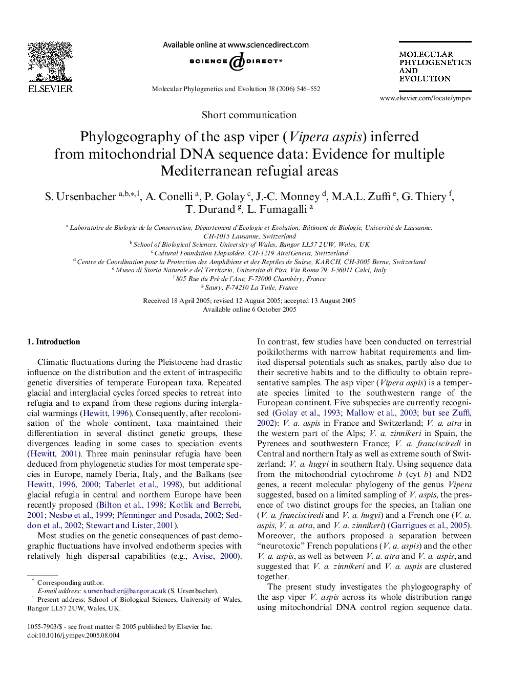 Phylogeography of the asp viper (Vipera aspis) inferred from mitochondrial DNA sequence data: Evidence for multiple Mediterranean refugial areas