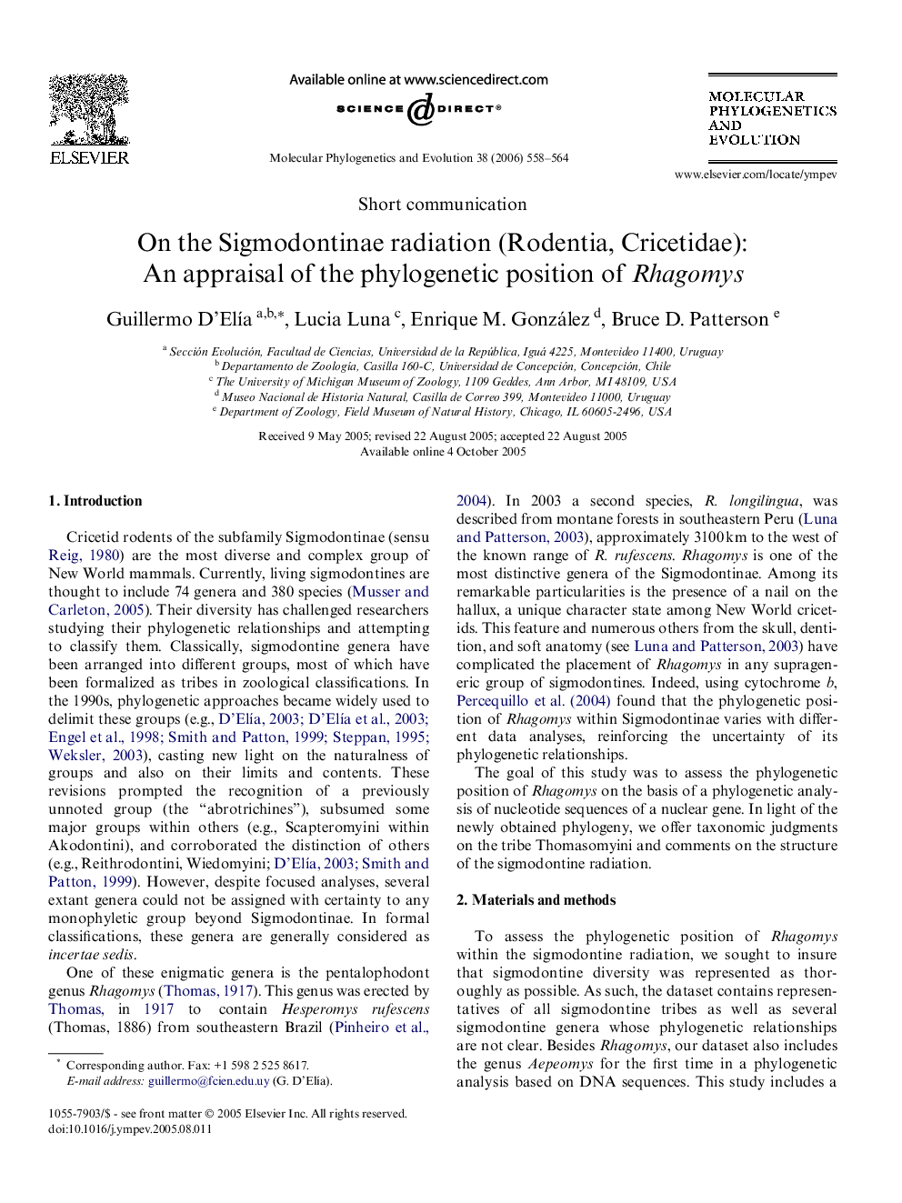 On the Sigmodontinae radiation (Rodentia, Cricetidae): An appraisal of the phylogenetic position of Rhagomys