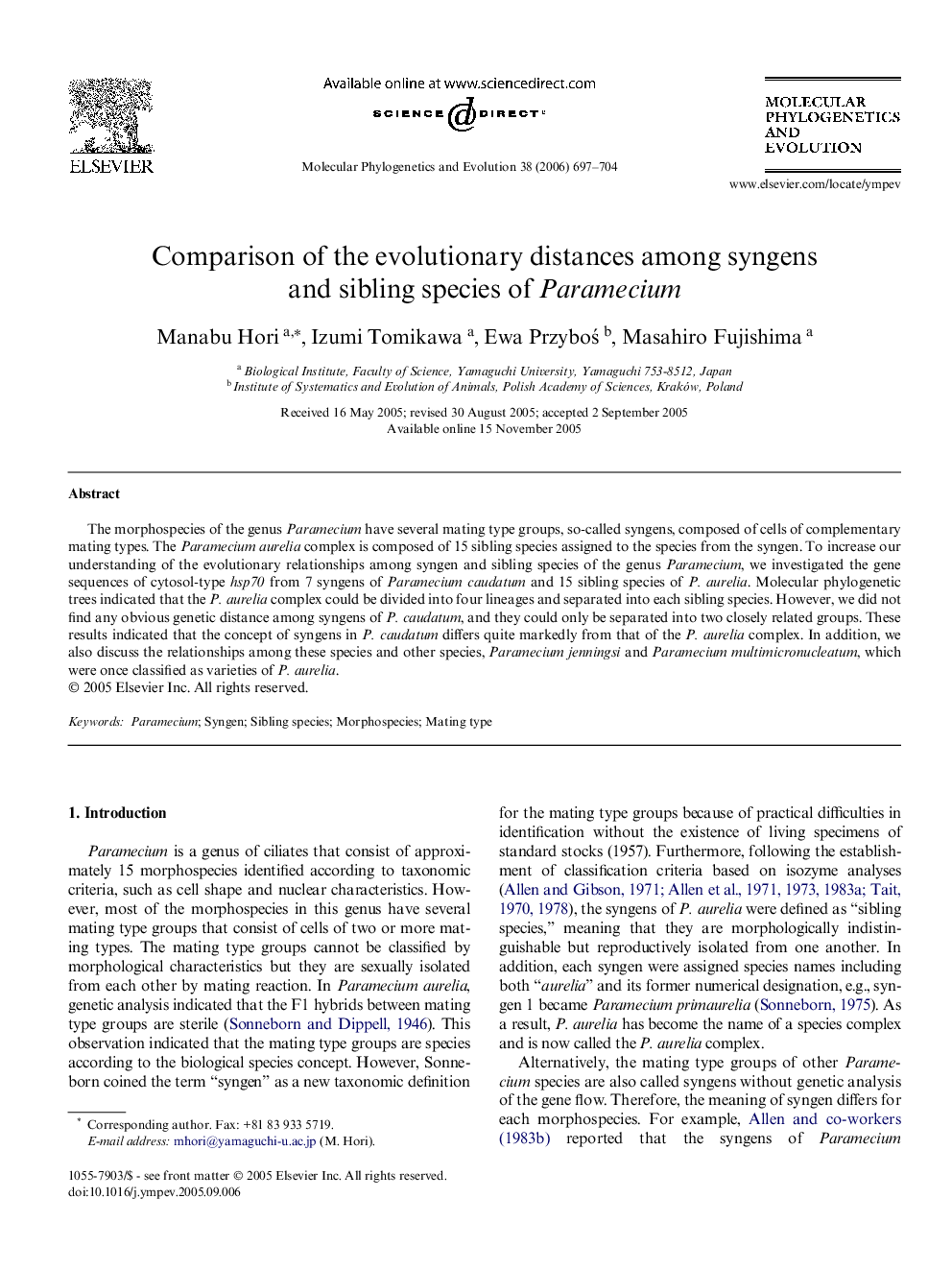 Comparison of the evolutionary distances among syngens and sibling species of Paramecium