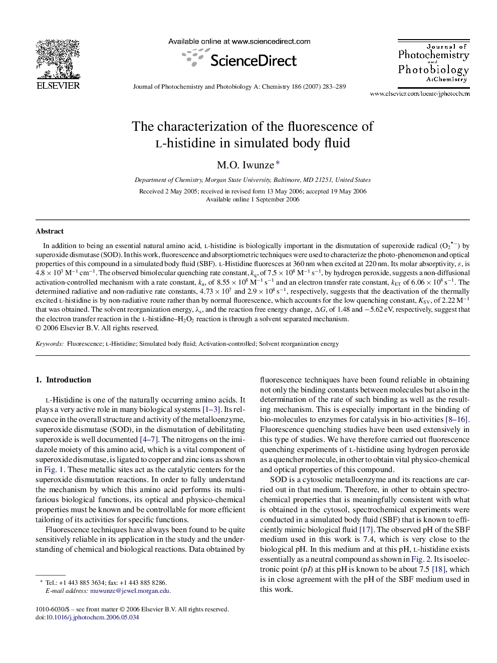 The characterization of the fluorescence of l-histidine in simulated body fluid