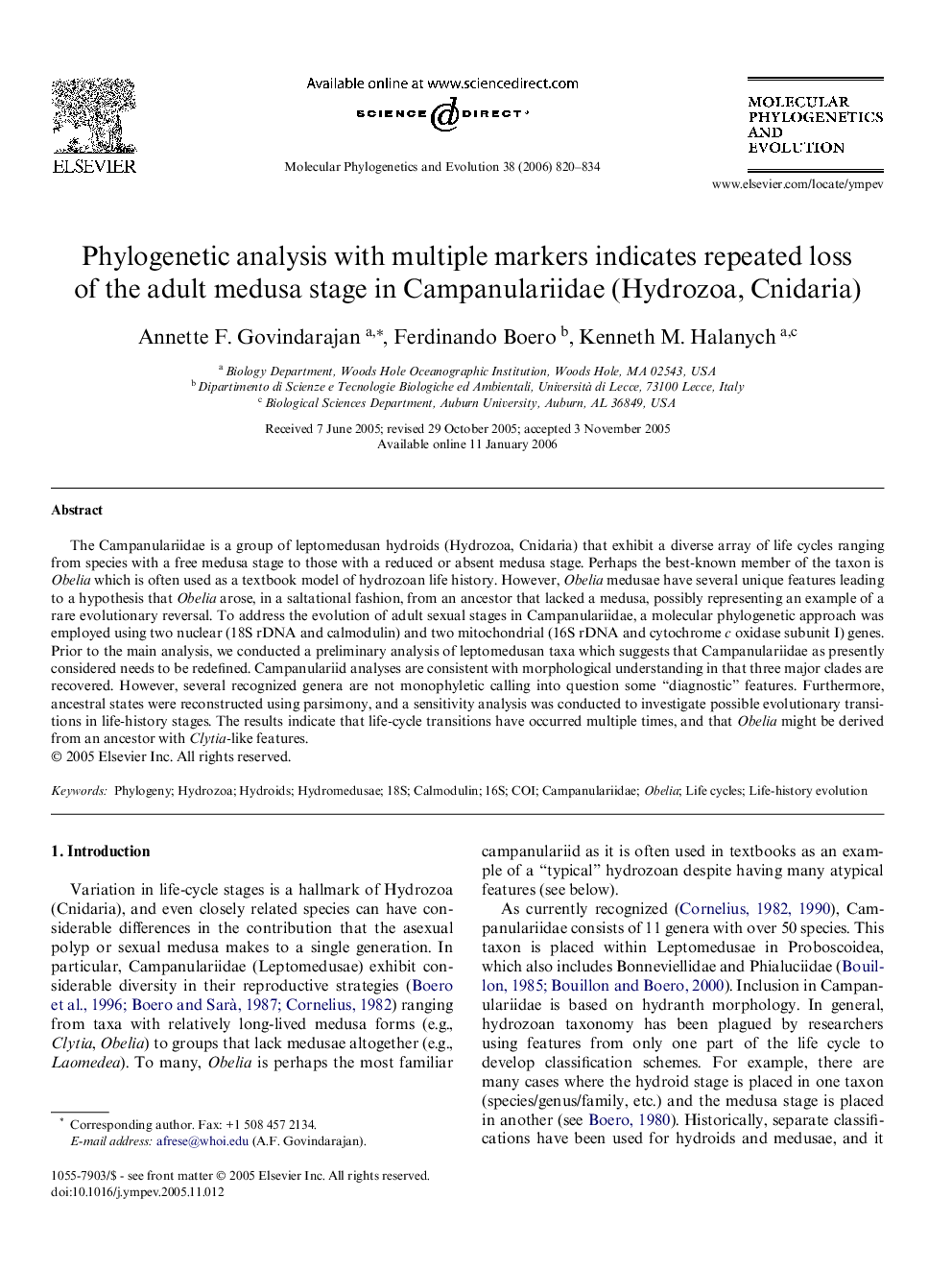 Phylogenetic analysis with multiple markers indicates repeated loss of the adult medusa stage in Campanulariidae (Hydrozoa, Cnidaria)