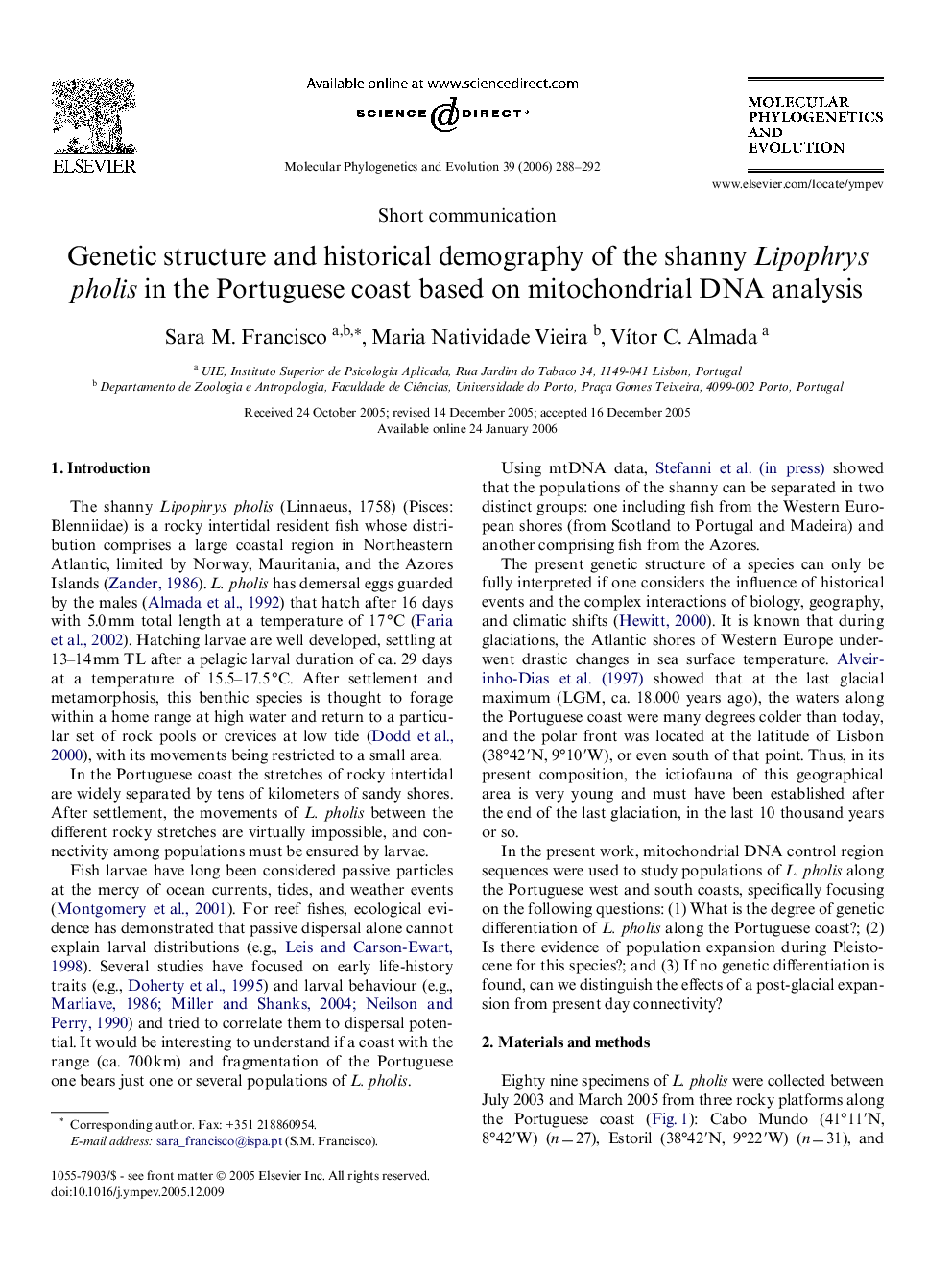 Genetic structure and historical demography of the shanny Lipophrys pholis in the Portuguese coast based on mitochondrial DNA analysis