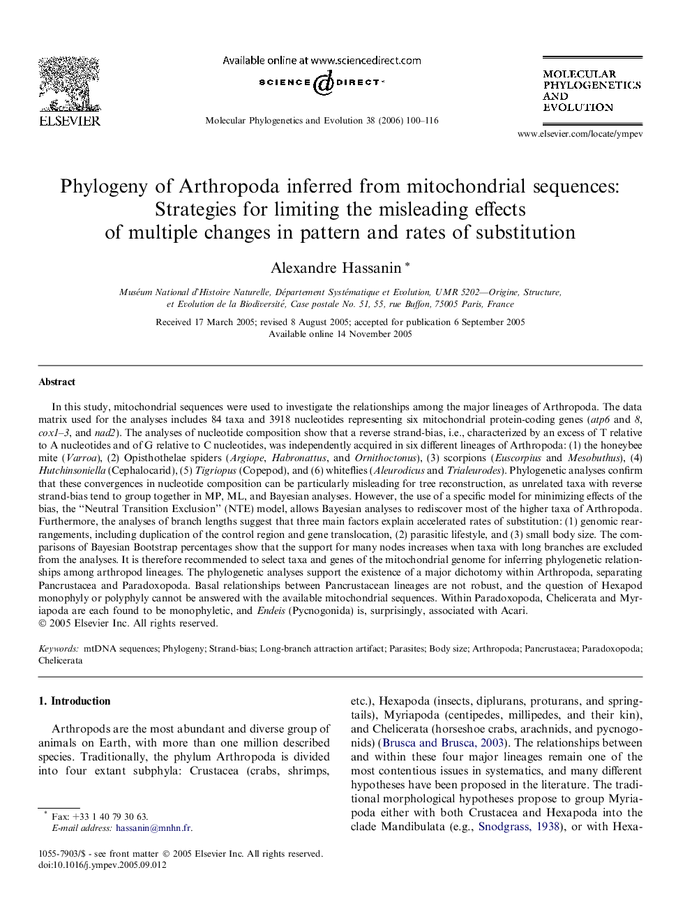 Phylogeny of Arthropoda inferred from mitochondrial sequences: Strategies for limiting the misleading effects of multiple changes in pattern and rates of substitution