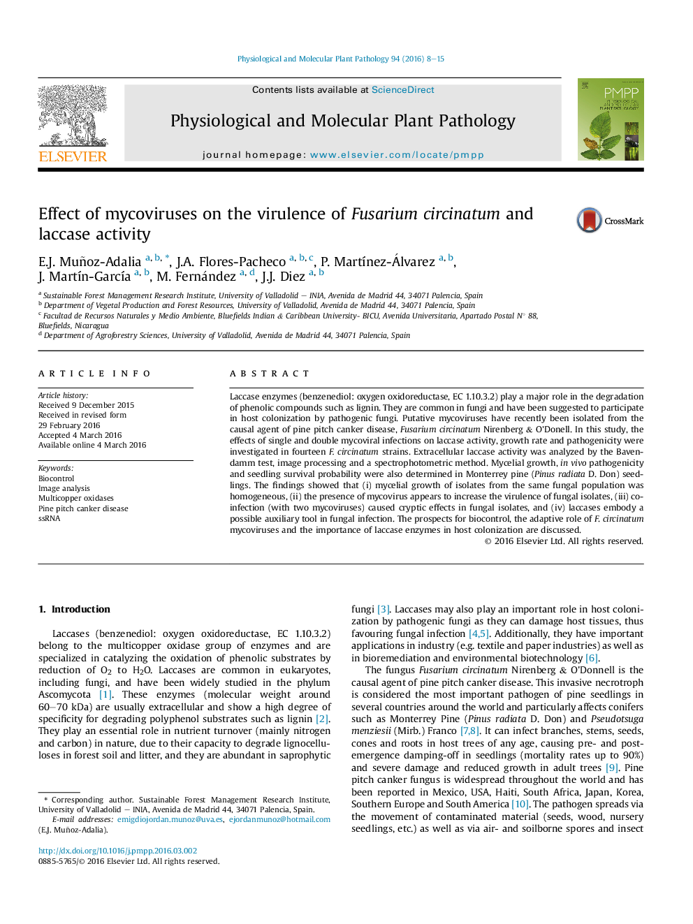 Effect of mycoviruses on the virulence of Fusarium circinatum and laccase activity