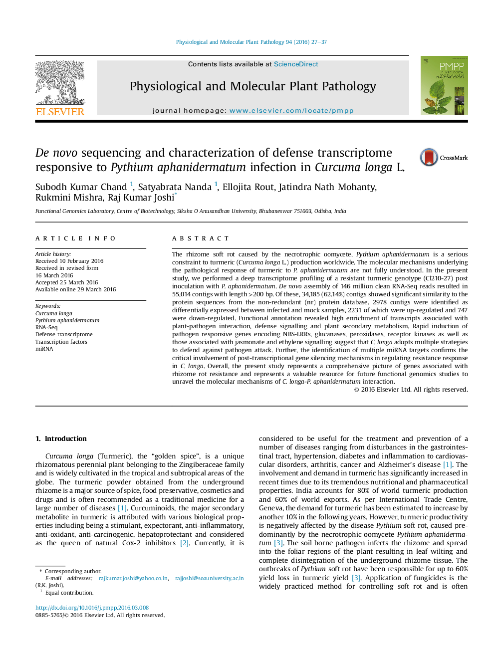 De novo sequencing and characterization of defense transcriptome responsive to Pythium aphanidermatum infection in Curcuma longa L.