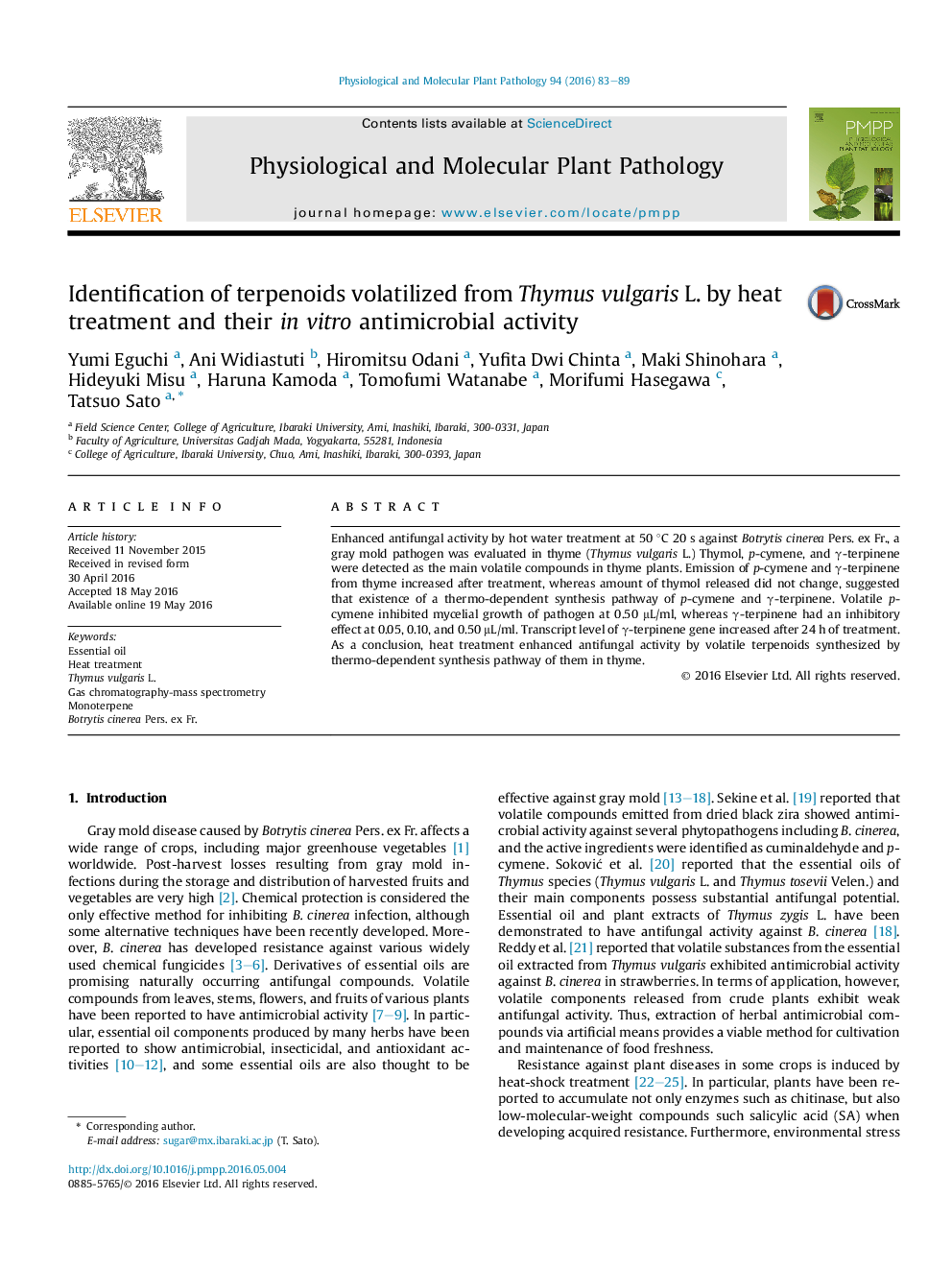 Identification of terpenoids volatilized from Thymus vulgaris L. by heat treatment and their in vitro antimicrobial activity