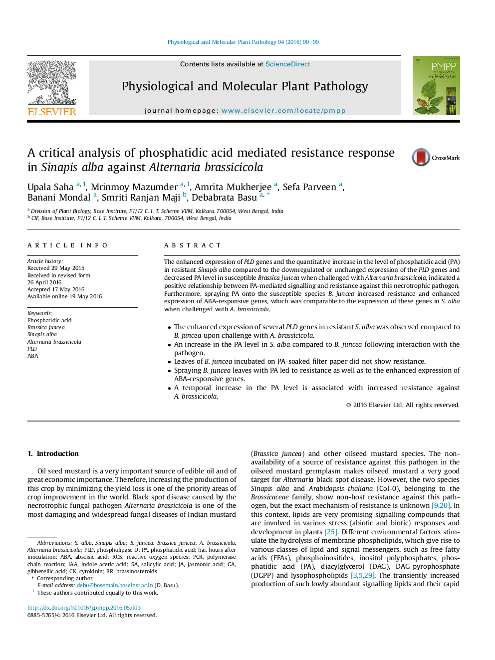 A critical analysis of phosphatidic acid mediated resistance response in Sinapis alba against Alternaria brassicicola