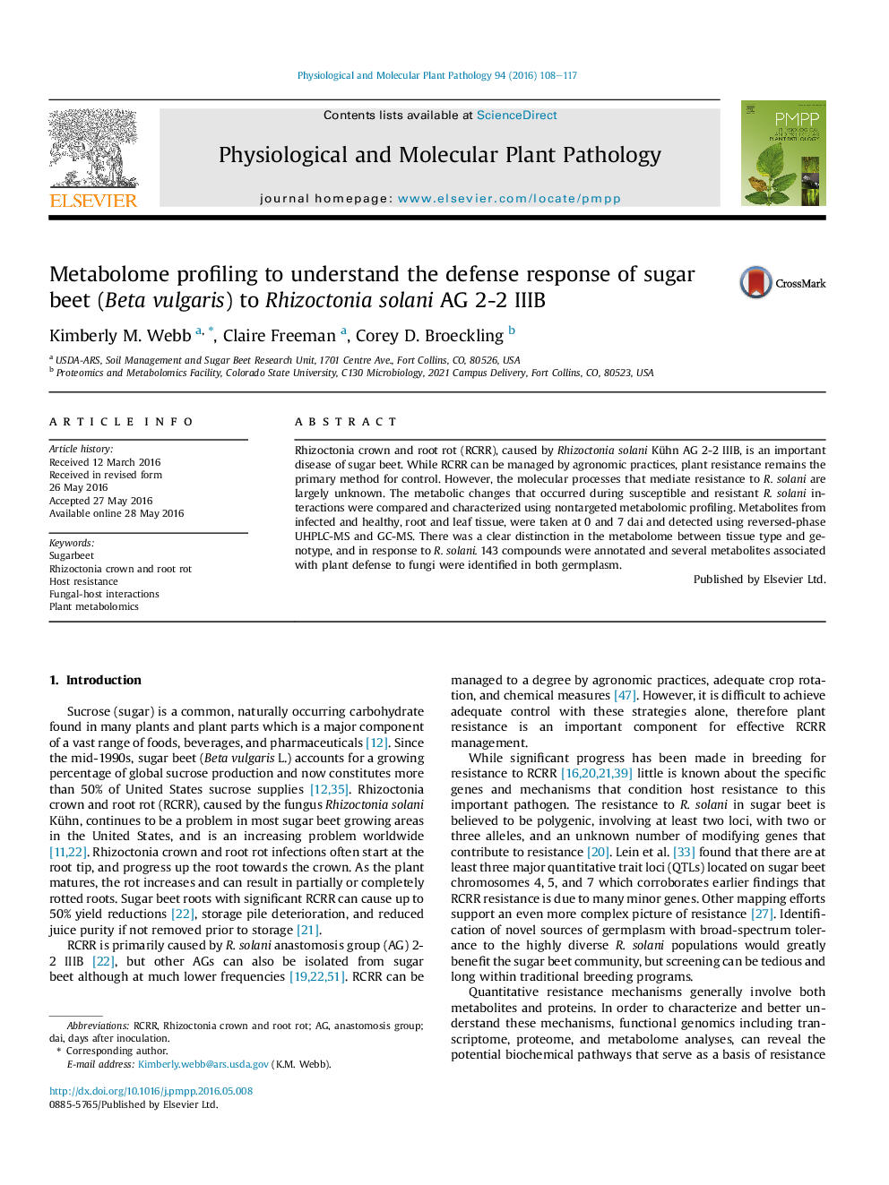 Metabolome profiling to understand the defense response of sugar beet (Beta vulgaris) to Rhizoctonia solani AG 2-2 IIIB