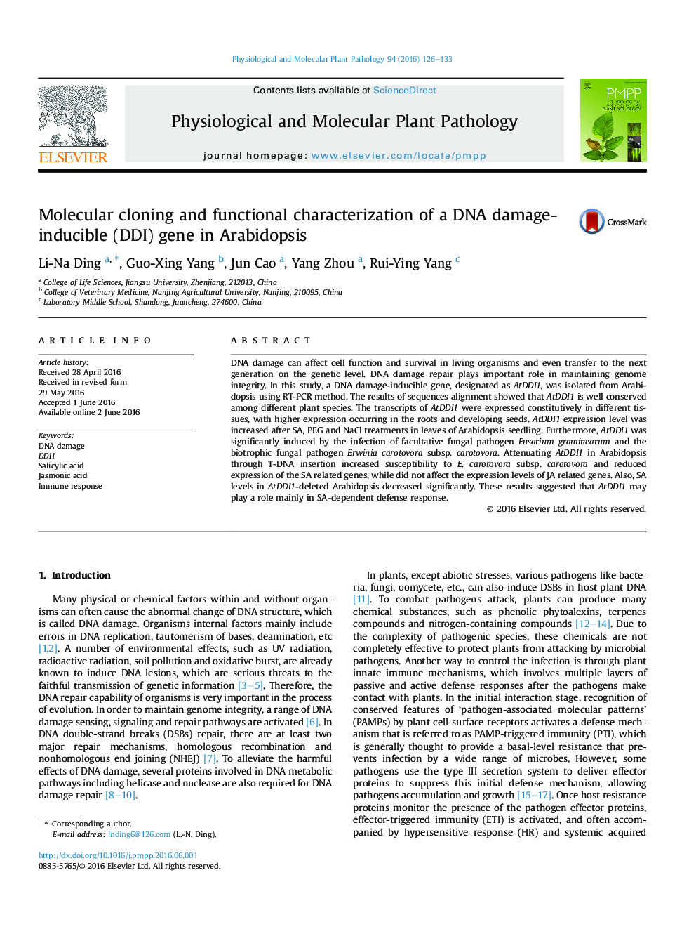 Molecular cloning and functional characterization of a DNA damage-inducible (DDI) gene in Arabidopsis