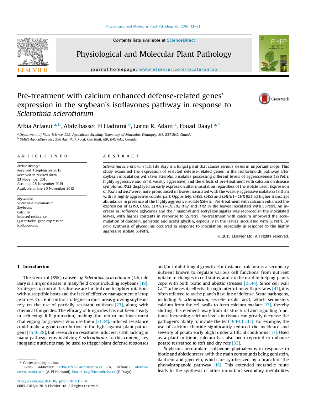 Pre-treatment with calcium enhanced defense-related genes' expression in the soybean's isoflavones pathway in response to Sclerotinia sclerotiorum