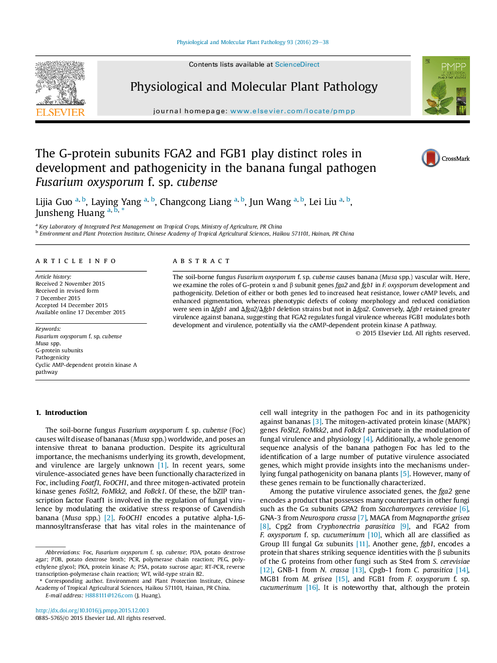 The G-protein subunits FGA2 and FGB1 play distinct roles in development and pathogenicity in the banana fungal pathogen Fusarium oxysporum f. sp. cubense