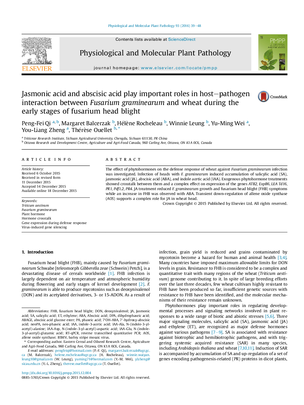 Jasmonic acid and abscisic acid play important roles in host–pathogen interaction between Fusarium graminearum and wheat during the early stages of fusarium head blight