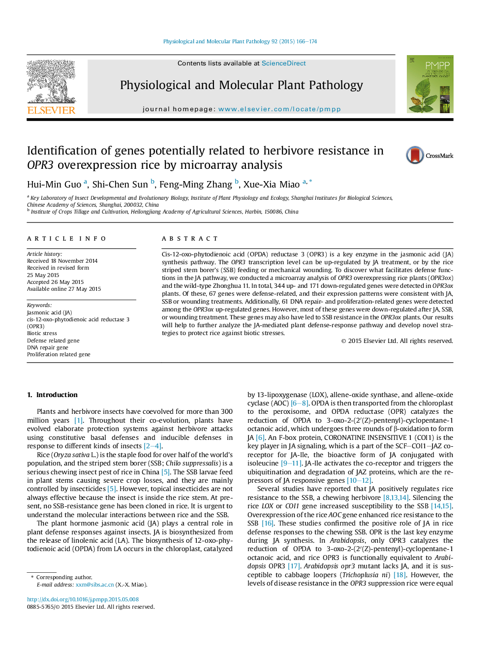 Identification of genes potentially related to herbivore resistance in OPR3 overexpression rice by microarray analysis