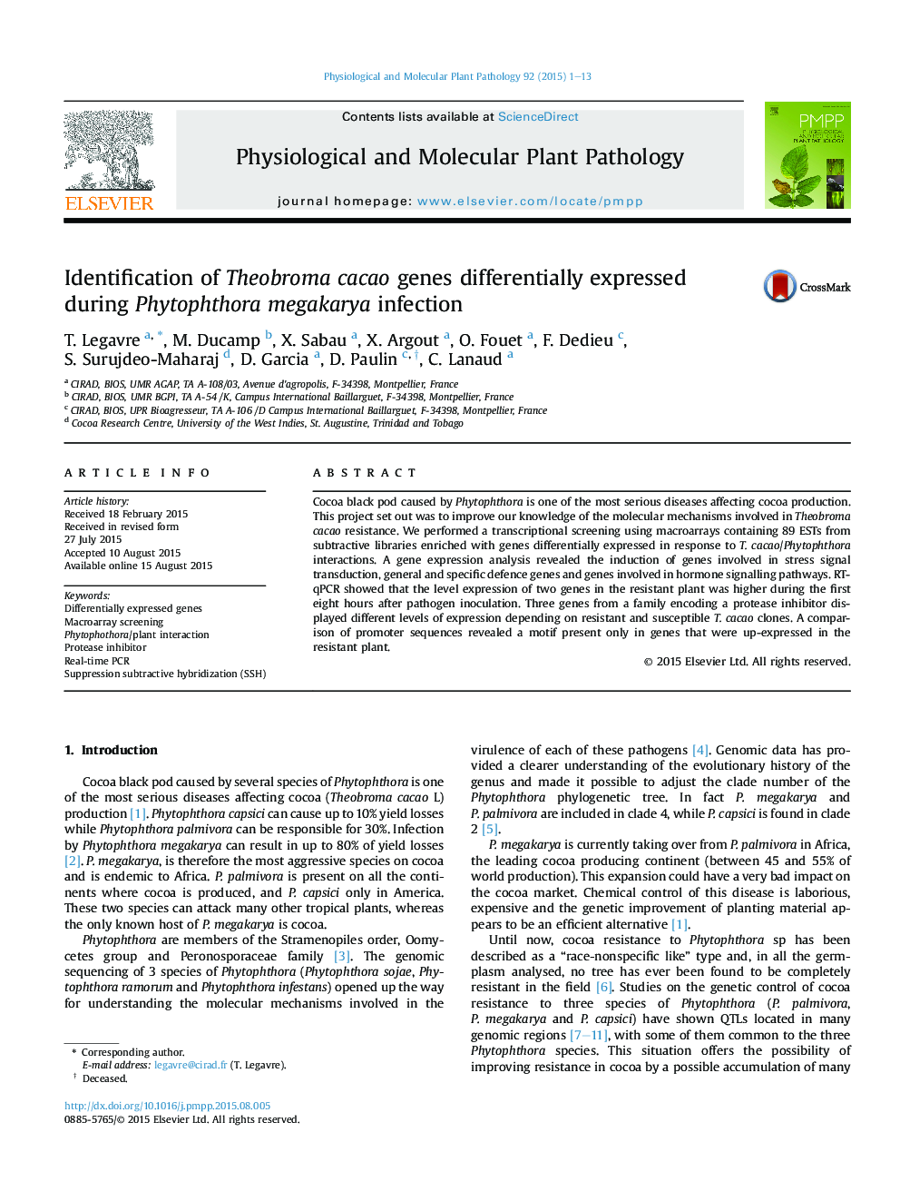 Identification of Theobroma cacao genes differentially expressed during Phytophthora megakarya infection