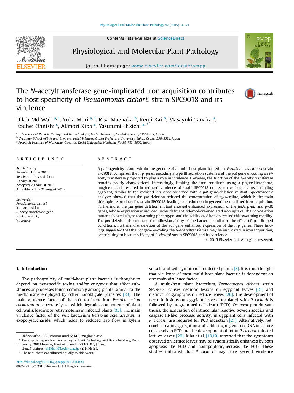 The N-acetyltransferase gene-implicated iron acquisition contributes to host specificity of Pseudomonas cichorii strain SPC9018 and its virulence