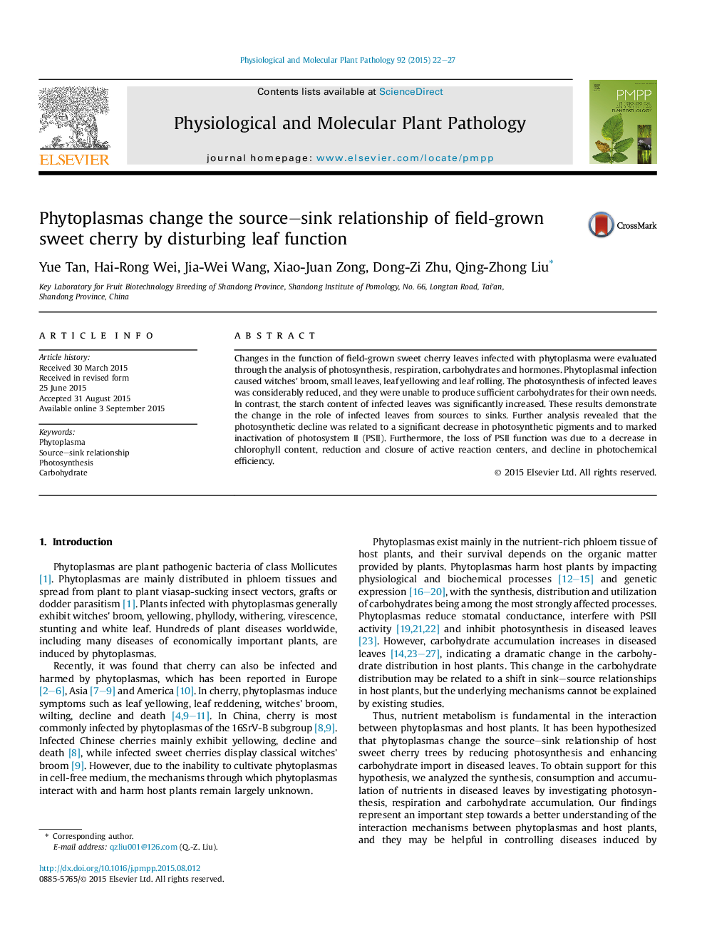 Phytoplasmas change the source-sink relationship of field-grown sweet cherry by disturbing leaf function