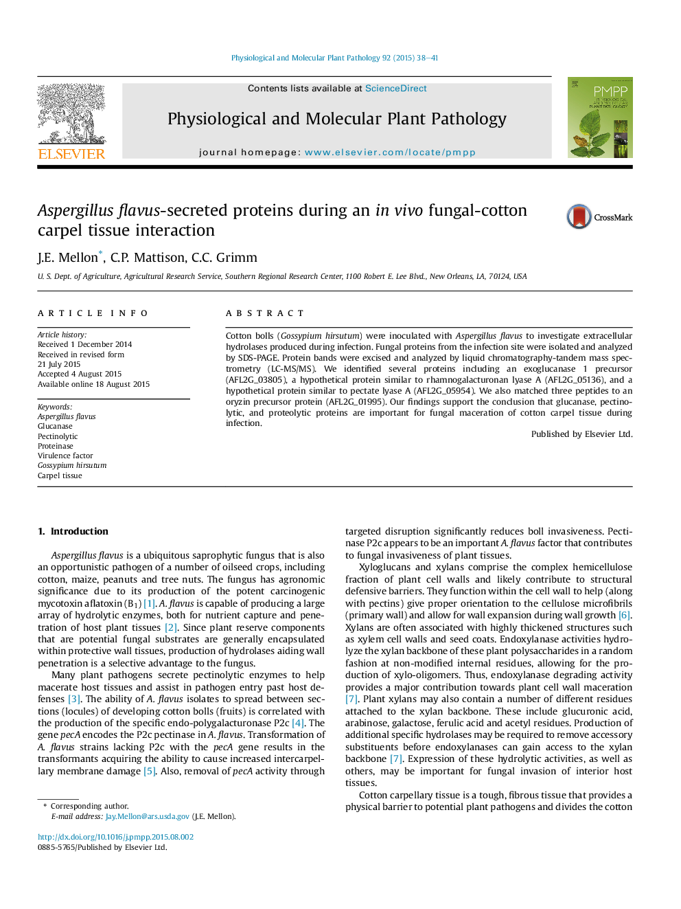 Aspergillus flavus-secreted proteins during an inÂ vivo fungal-cotton carpel tissue interaction