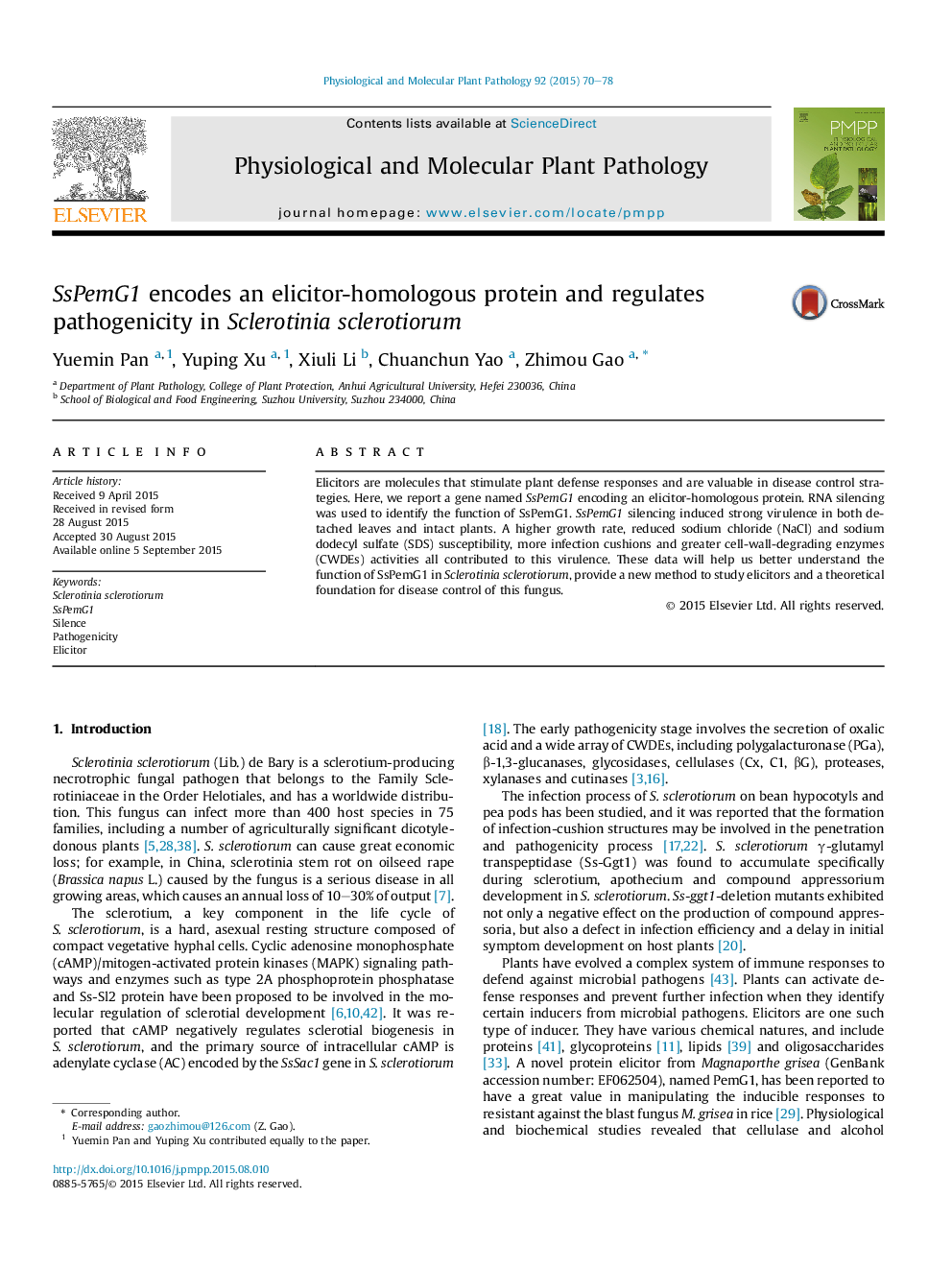 SsPemG1 encodes an elicitor-homologous protein and regulates pathogenicity in Sclerotinia sclerotiorum