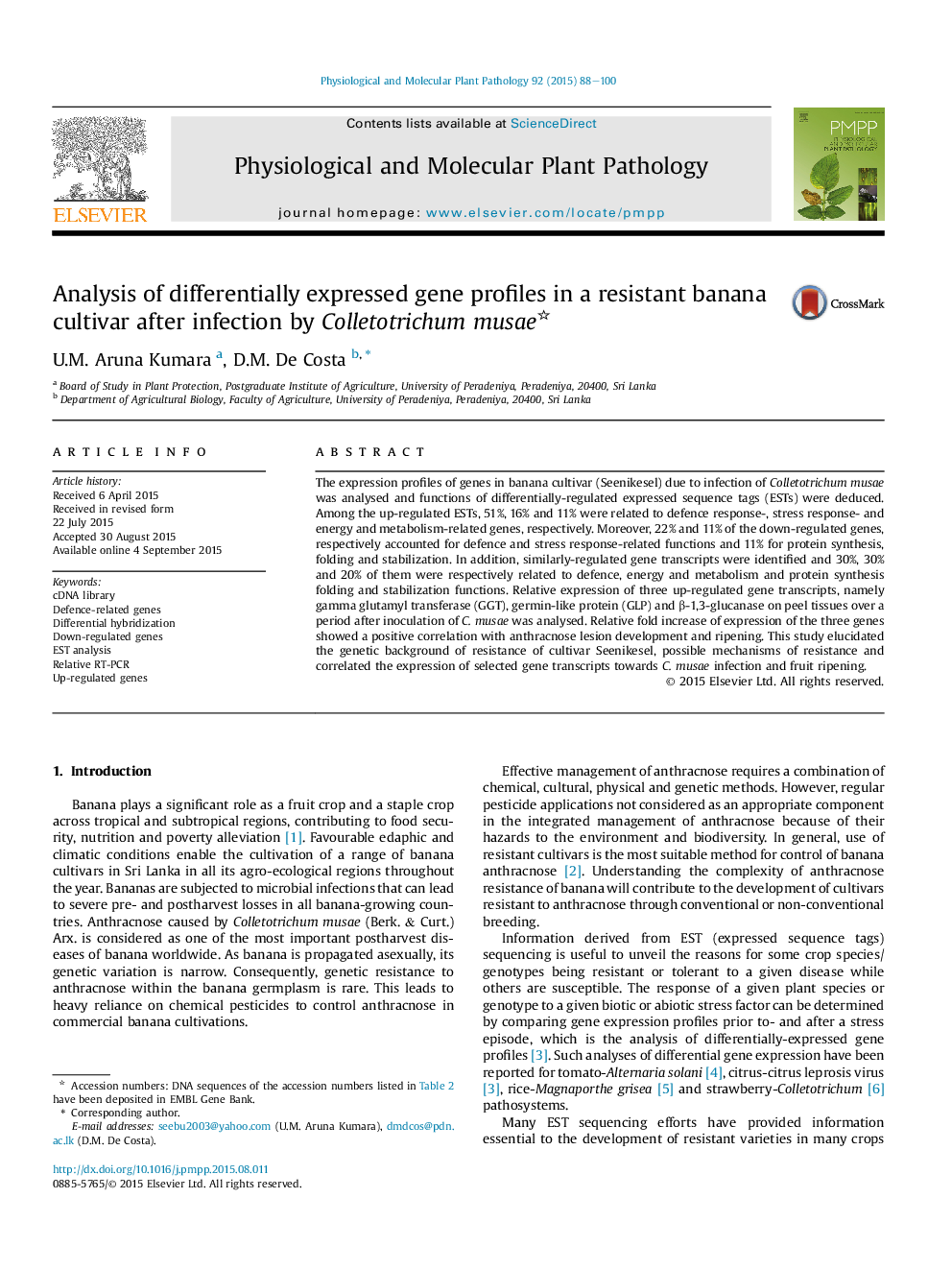 Analysis of differentially expressed gene profiles in a resistant banana cultivar after infection by Colletotrichum musae 