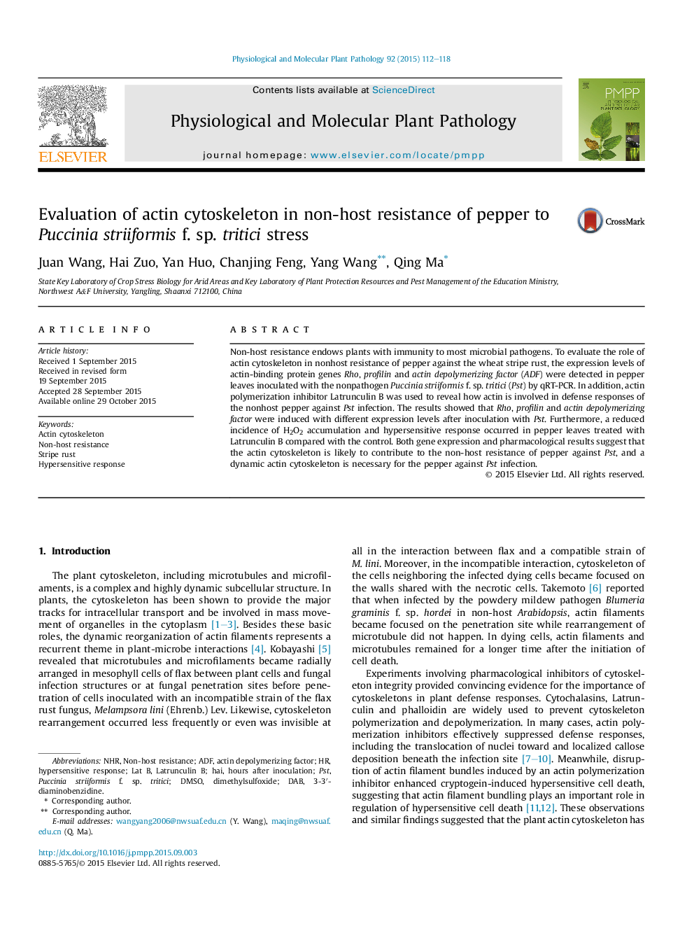 Evaluation of actin cytoskeleton in non-host resistance of pepper to Puccinia striiformis f. sp. tritici stress