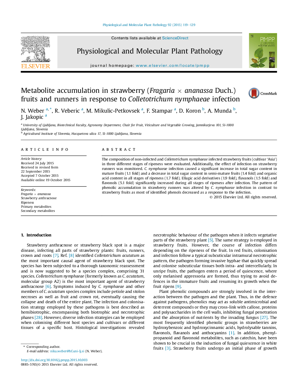 Metabolite accumulation in strawberry (Fragaria × ananassa Duch.) fruits and runners in response to Colletotrichum nymphaeae infection