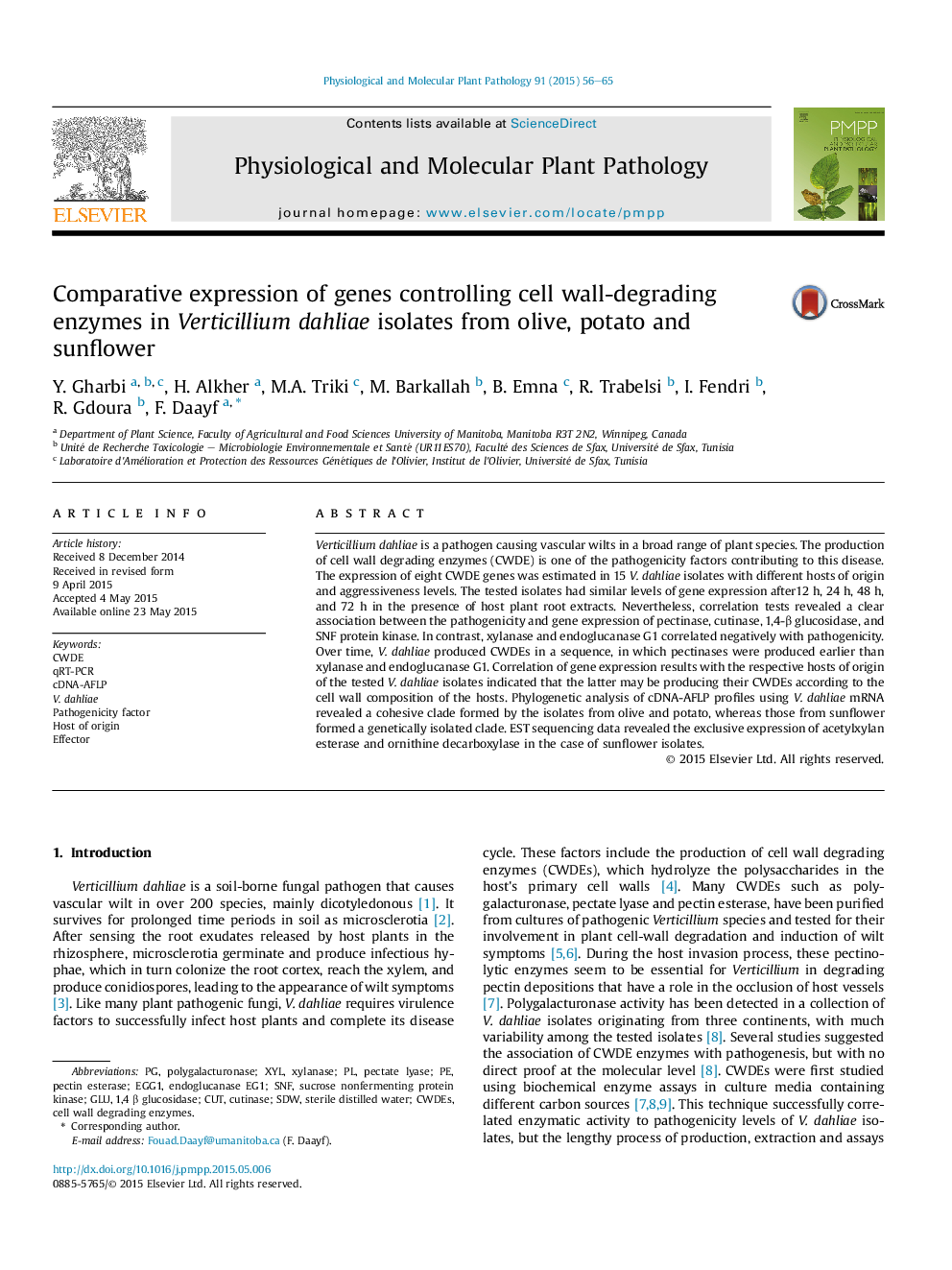 Comparative expression of genes controlling cell wall-degrading enzymes in Verticillium dahliae isolates from olive, potato and sunflower