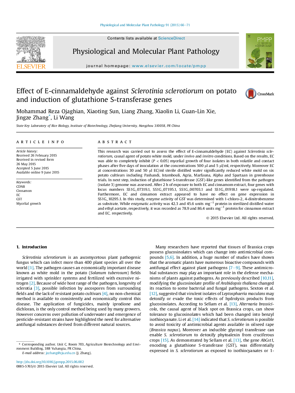 Effect of E-cinnamaldehyde against Sclerotinia sclerotiorum on potato and induction of glutathione S-transferase genes